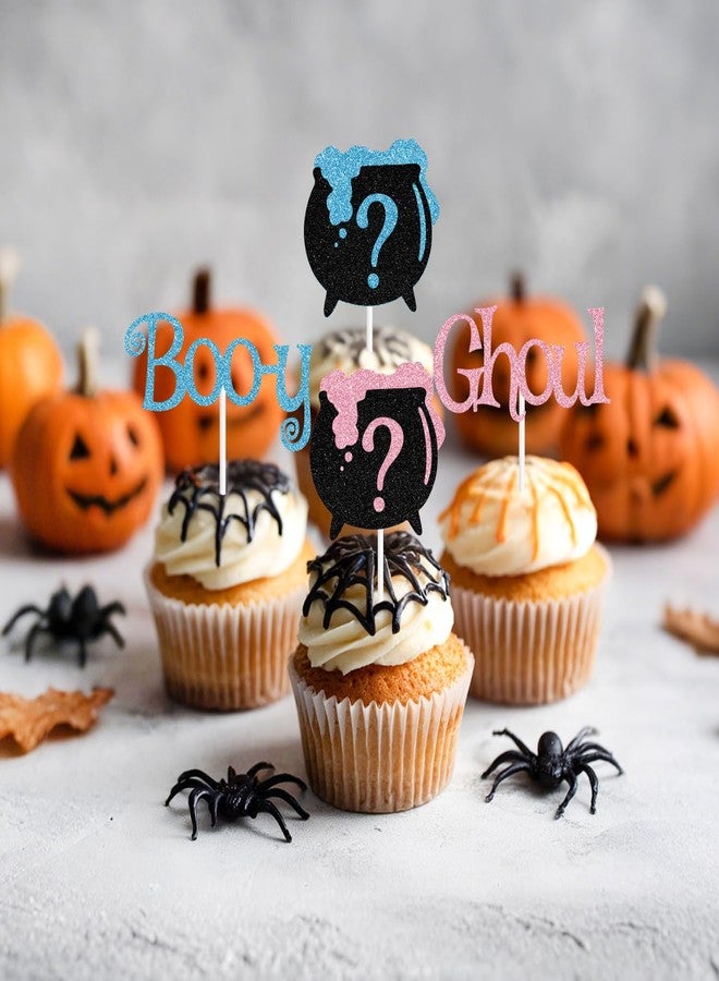 PYBHILK 16 PCS Glitter Boo-y or Ghoul Cupcake Topper, Witch's Cauldron Pink or Blue Décor, Halloween Ghoul Ghost Gender Reveal Baby Shower Party Decorations Supplies - Image 4